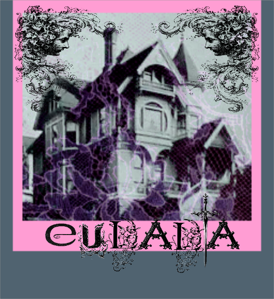 haunted color block picture of a mansion and the words eulalia